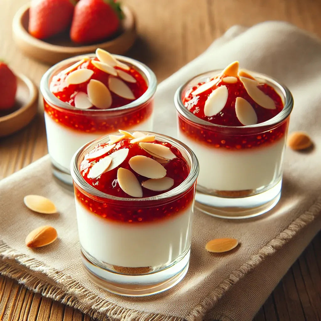 Verrine de chèvre frais, confiture fraises et amandes