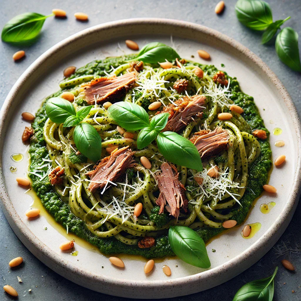 Pâtes au pesto de basilic & confit de canard