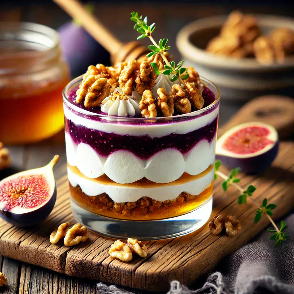 Verrines de mousse de chèvre, figues et noix